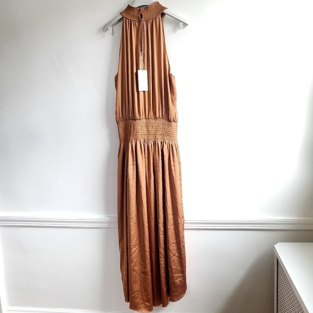 New Ramy Brook Belle Halter Neck Sleeveless Smocked Light Cognac Midi Dress Sz M - Picture 9 of 12